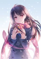 Rule 34 | 10s, 1girl, brown hair, coat, highres, iki hiyori, instockeee, instocklee, long hair, md5 mismatch, noragami, pink eyes, resolution mismatch, scarf, shrine, smile, snow, solo, source smaller, tail