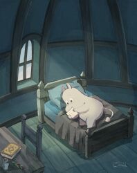 Rule 34 | 1boy, amazou, bedroom, black eyes, blanket, book, chair, highres, holding, holding letter, indoors, letter, male focus, moomin, moomintroll, on bed, pillow, solo, table, tail, window