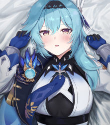 Rule 34 | 1girl, absurdres, arm up, bed sheet, blue gloves, blue hair, blue neckwear, blush, bodystocking, breasts, center opening, eula (genshin impact), genshin impact, gloves, hairband, half-closed eyes, hands up, highres, huge filesize, long sleeves, looking at viewer, lying, medium breasts, medium hair, open mouth, solo, sweatdrop, upper body, vambraces, yellow eyes, zapik