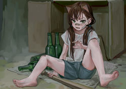 Rule 34 | 1girl, animal ears, artist name, bandaid, bandaid on face, bandaid on knee, bandaid on leg, bandaid on nose, barefoot, baseball bat, blouse, blush, bottle, box, brown hair, cardboard box, cat ears, dirty, fang, feet, fkey, green eyes, long hair, looking at viewer, open mouth, original, shirt, shorts, sitting, sketch, soles, solo, t-shirt, toes, twintails, white shirt