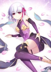Rule 34 | 1girl, binato lulu, black skirt, black sleeves, black thighhighs, breasts, detached sleeves, earrings, fate/grand order, fate (series), hair between eyes, hair ribbon, jewelry, kama (fate), kama (first ascension) (fate), long sleeves, looking at viewer, lying, miniskirt, on side, pencil skirt, petals, pink ribbon, red eyes, ribbon, ring, short hair, sideboob, signature, silver hair, skirt, small breasts, smile, solo, thigh strap, thighhighs