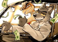 Rule 34 | 2boys, animal ears, artist logo, banknote, car, colored sclera, commentary request, driving, falling money, fang, fang out, fangs, formal, furry, furry male, highres, holding, holding money, kamikami (1126kmkm), looking at viewer, male focus, money, motor vehicle, mr. snake, mr. wolf, multiple boys, smile, snake boy, suit, the bad guys (film), tongue, tongue out, white headwear, white suit, wolf boy, wolf ears, yellow sclera