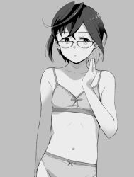Rule 34 | 1girl, banned artist, bra, breasts, crossed bangs, glasses, greyscale, kantai collection, looking to the side, makio (makiomeigenbot), monochrome, okinami (kancolle), panties, parted lips, short hair, simple background, small breasts, solo, underwear, upper body