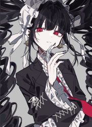 Rule 34 | 1girl, black hair, black nails, bonnet, celestia ludenberg, center frills, claw ring, commentary request, danganronpa: trigger happy havoc, danganronpa (series), drill hair, earrings, frills, gothic lolita, grey background, hand up, highres, jewelry, lolita fashion, long hair, long sleeves, looking at viewer, nail polish, necktie, patzzi, red eyes, red necktie, solo, twin drills, twintails