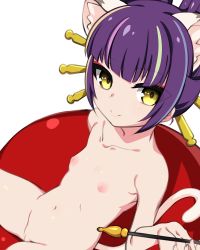 Rule 34 | 1girl, animal ears, cat ears, cat girl, cat tail, collarbone, darudayu (show by rock!!), flat chest, hair ornament, hair stick, holding, japanese clothes, kiseru, kuro mushi, looking at viewer, multicolored hair, navel, nipples, nude, purple hair, pussy, show by rock!!, sitting, smile, smoking pipe, solo, streaked hair, tail, yellow eyes