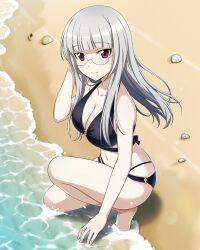 Rule 34 | 1girl, beach, bikini, black bikini, blush, breasts, cleavage, closed mouth, collarbone, glasses, heidimarie w. schnaufer, large breasts, long hair, looking at viewer, navel, ocean, official art, outdoors, red eyes, seashell, shell, smile, solo, strike witches, swimsuit, white hair, world witches series