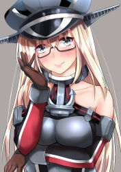 Rule 34 | 10s, 1girl, absurdres, anchor hair ornament, armor, bare shoulders, bespectacled, bismarck (kancolle), blonde hair, breast hold, breastplate, breasts, brown gloves, cross, detached sleeves, elbow on arm, elbow rest, glasses, gloves, go-1, green eyes, hair ornament, hat, highres, iron cross, kantai collection, long hair, military, military hat, military uniform, peaked cap, solo, uniform