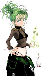 Rule 34 | 1boy, 1girl, alternate hairstyle, artist request, baggy pants, bald, black bra, black panties, black pants, bolt, bra, breasts, cape, closed mouth, cross, cross necklace, earrings, feet out of frame, floating, floating object, green eyes, green hair, highleg, highleg panties, highres, hoop earrings, jewelry, looking at viewer, medium hair, necklace, nnsee d, official alternate costume, one-punch man, panties, pants, saitama (one-punch man), screw, see-through, side-tie panties, side ponytail, simple background, sleeves past wrists, small breasts, smile, standing, superhero costume, tatsumaki, telekinesis, underwear, white background, white cape