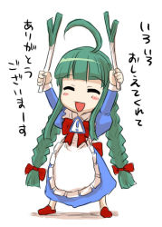 Rule 34 | !, 1girl, :d, ^ ^, ahoge, apron, blue dress, blush stickers, bow, braid, child, closed eyes, dress, dual wielding, flat chest, food, frilled apron, frills, full body, green hair, hair bow, happy, holding, juliet sleeves, long hair, long sleeves, me-tan, open mouth, os-tan, puffy sleeves, shadow, shoes, simple background, sleeve cuffs, smile, solo, spring onion, standing, twin braids, vegetable, very long hair, white background, wing collar
