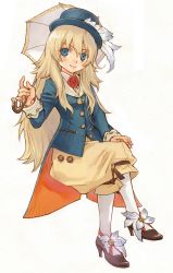 Rule 34 | 1girl, blonde hair, blue eyes, coat, feathers, hat, highres, long hair, rune factory, rune factory frontier, selphy, shoes, solo, top hat, umbrella, wavy hair