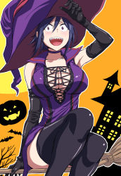 Rule 34 | 1girl, :d, adjusting clothes, adjusting headwear, arm up, bare tree, bat (animal), black gloves, black thighhighs, blue choker, blue hair, breasts, broom, broom riding, building, choker, cleavage, commentary request, dress, elbow gloves, full moon, gloves, halloween, halloween costume, hat, highres, hitomi-chan wa hitomishiri, jack-o&#039;-lantern, large breasts, looking at viewer, medium hair, moon, natsumi chorisuke, open mouth, orange background, outline, purple dress, purple eyes, purple hat, sharp teeth, short dress, sitting, sleeveless, sleeveless dress, smile, solo, takano hitomi, teeth, thighhighs, tree, white outline, witch hat