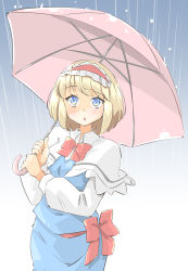 Rule 34 | 1girl, alice margatroid, arnest, blonde hair, blue dress, blue eyes, blush, bow, bowtie, capelet, collared shirt, dress, gradient background, hairband, holding, holding umbrella, lolita hairband, long sleeves, looking up, parted lips, pink umbrella, rain, red bow, red neckwear, red sash, sash, shirt, short hair, touhou, umbrella, white capelet, white shirt