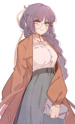 Rule 34 | 1girl, absurdres, at2., bag, black-framed eyewear, blush, bracelet, braid, breasts, brown coat, character request, closed mouth, coat, copyright request, glasses, grey hair, handbag, highres, jewelry, large breasts, lips, long hair, long sleeves, round eyewear, single braid, smile, solo, yellow eyes
