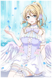 1girl :d ayase_eli blonde_hair blue_eyes blush breasts center_frills commentary costume_request dress falling_petals feet_out_of_frame flower frilled_dress frills garter_straps hair_flower hair_ornament hand_up headset high_ponytail highres large_breasts long_hair looking_at_viewer love_live! love_live!_school_idol_festival love_live!_school_idol_project open_mouth petals ponytail sleeveless sleeveless_dress smile solo strapless strapless_dress surufuji x_hair_ornament