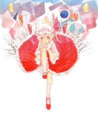 Rule 34 | 1girl, blonde hair, bloomers, book, bug, butterfly, dress, fish, flandre scarlet, gem, goldfish, hands on knee, hat, highres, bug, leg up, looking at viewer, mary janes, mob cap, red dress, red eyes, shoes, side ponytail, sitting, solo, tian (my dear), touhou, underwear, wrist cuffs