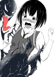 Rule 34 | 1boy, 1girl, :o, absurdres, backpack, bag, blush, bob cut, commentary, dress shirt, greyscale, hair strand, highres, long tongue, marvel, monochrome, monster boy, necktie, nose blush, open mouth, peni parker, peter parker, raised eyebrows, scared, school uniform, sharp teeth, shironekonokiki, shirt, short hair, short sleeves, shouting, simple background, slime (creature), slime boy, solo focus, spider-man, spider-man: into the spider-verse, spider-man (series), spider-verse, spot color, sweater vest, symbiote, teeth, tongue, tongue out, venom (marvel), very long tongue, w arms, wavy mouth, white background, white shirt