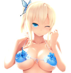 Rule 34 | 1girl, arms up, bikini, blonde hair, blue bikini, blue eyes, boku wa tomodachi ga sukunai, breasts, butterfly hair ornament, butterfly ornament, cait aron, collarbone, eyes visible through hair, flower, front-tie bikini top, front-tie top, hair ornament, highres, kashiwazaki sena, large breasts, light smile, long hair, looking at viewer, naughty face, one eye closed, shadow, side ponytail, solo, string pull, swimsuit, underboob, upper body, white background