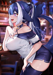 Rule 34 | 1girl, :d, ahoge, bare shoulders, blue choker, blue hair, blue thighhighs, breasts, choker, commentary, facial mark, fangs, from side, heart, heart-shaped pupils, heart ahoge, highres, indie virtual youtuber, indoors, large breasts, long hair, off shoulder, open mouth, ponytail, purple eyes, shirt, short sleeves, shylily, smile, solo, squchan, standing, symbol-shaped pupils, tail, thighhighs, thighs, virtual youtuber, white shirt