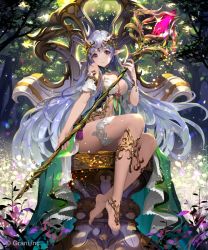 Rule 34 | 1girl, anklet, barefoot, barefoot sandals (jewelry), breasts, cleavage, crown, crystal, feet, forest, hair ornament, highres, jewelry, legs, long hair, nature, original, pointy ears, purple eyes, revealing clothes, shingoku no valhalla gate, silver hair, sitting, solo, staff, thigh strap, tob, toe ring, very long hair