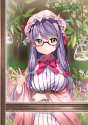 Rule 34 | 1girl, artist name, bespectacled, blue bow, blush, book, bow, crescent, crescent hair ornament, dr poapo, dress, fish, glasses, hair bow, hair ornament, hat, highres, long hair, long sleeves, looking at viewer, mob cap, patchouli knowledge, purple eyes, purple hair, red-framed eyewear, red bow, semi-rimless eyewear, sidelocks, solo, striped clothes, striped dress, touhou, under-rim eyewear, wide sleeves, window