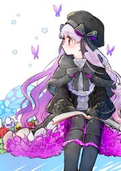 Rule 34 | 1girl, bad id, bad twitter id, beret, book, book on lap, boots, bow, bug, butterfly, capelet, dress, fate/extra, fate/grand order, fate (series), flower, hat, highres, insect, long hair, looking to the side, mushroom, nursery rhyme (fate), open book, sitting, solo, very long hair