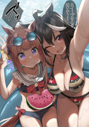 Rule 34 | 2girls, ;d, ahoge, alternate hairstyle, armpits, bikini, black bikini, black hair, breasts, brown hair, closed mouth, commentary request, eating, eyewear on head, food, fruit, highres, horse girl, horse tail, kitasan black (umamusume), large breasts, looking at viewer, multicolored hair, multiple girls, one eye closed, open mouth, red eyes, sasanon (sasapoliton), selfie, short hair, sidelocks, small breasts, smile, speech bubble, streaked hair, striped bikini, striped clothes, sunglasses, sweat, sweep tosho (umamusume), swimsuit, tail, translation request, umamusume, watermelon, white hair
