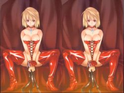 Rule 34 | arcueid brunestud, bare shoulders, blonde hair, boots, breasts, choker, cleavage, corset, cuffs, duplicate, leather, nipple slip, nipples, red eyes, short hair, stereogram, thigh boots, thighhighs, tsukihime