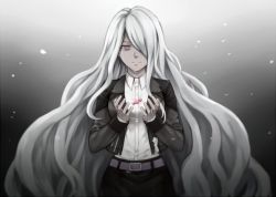 Rule 34 | 1girl, alternate hair length, alternate hairstyle, belt, black jacket, black skirt, breasts, candy wrapper, closed mouth, collared shirt, commentary request, danganronpa (series), danganronpa 3 (anime), dress shirt, gloves, gradient background, grey hair, hair over one eye, hands up, jacket, kimura seiko, long hair, long sleeves, looking at viewer, meipoi, pink eyes, purple eyes, shirt, skirt, solo, tears, torn clothes, torn jacket, upper body, very long hair