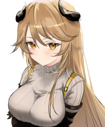 Rule 34 | 1girl, arknights, blush, breasts, brown hair, commentary, grey sweater, highres, horns, large breasts, long hair, looking at viewer, meteorite (arknights), raramente, simple background, solo, sweater, turtleneck, turtleneck sweater, upper body, very long hair, white background, yellow eyes