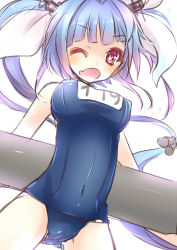 Rule 34 | 10s, 1girl, 515m, ;o, blue hair, breasts, covered navel, heart, heart-shaped pupils, i-19 (kancolle), kantai collection, large breasts, long hair, one-piece swimsuit, one eye closed, open mouth, personification, red eyes, school swimsuit, swimsuit, symbol-shaped pupils, torpedo, twintails, wavy mouth