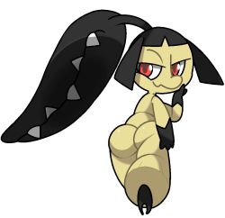 Rule 34 | 1girl, ass, black hair, closed mouth, colored skin, creatures (company), extra mouth, female focus, from behind, full body, game freak, gen 3 pokemon, half-closed eyes, hand on own cheek, hand on own face, hand up, happy, jaggy lines, looking at viewer, looking back, mawile, nintendo, pokemon, pokemon (creature), red eyes, sharp teeth, shiny skin, short hair, simple background, smile, solo, standing, teeth, vilepluff, walking, white background, yellow skin
