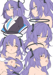Rule 34 | 1girl, black jacket, black suit, blue archive, blush, breasts, closed eyes, collarbone, collared shirt, dress shirt, formal, hair ornament, halo, highres, jacket, long hair, long sleeves, looking at viewer, medium breasts, multiple views, necktie, open clothes, open jacket, open mouth, purple eyes, purple hair, shirt, shiseki hirame, sidelocks, suit, sweat, tongue, tongue out, two side up, white jacket, white shirt, yuuka (blue archive)