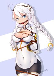 Rule 34 | 1girl, absurdres, ahoge, angry, aqua eyes, arms behind back, ball gag, bdsm, bodysuit, bondage, bound, bound arms, braid, breasts, cameltoe, cleavage, cleavage cutout, clothing cutout, commentary request, contrapposto, covered navel, cowboy shot, gag, gagged, gloves, hairband, highres, honkai (series), honkai impact 3rd, kiana kaslana, kiana kaslana (white comet), legs together, long hair, long sleeves, looking at viewer, medium breasts, open mouth, restrained, saliva, solo, standing, swept bangs, thigh gap, thighhighs, twin braids, two-tone background, white hair, white thighhighs, wiffle gag, zsy (zsy433)