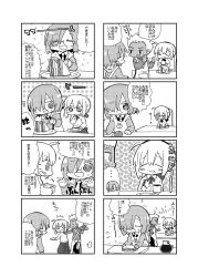 Rule 34 | 1boy, 2girls, 4koma, :d, :t, ^^^, apron, archer (fate), artoria pendragon (all), artoria pendragon (fate), blush, closed eyes, closed mouth, collared dress, comic, dark-skinned male, dark skin, dress, eating, fate/grand order, fate/stay night, fate (series), food, glasses, greyscale, hair between eyes, hair over one eye, holding, holding food, holding plate, jacket, kasuga yuuki, mash kyrielight, monochrome, multiple 4koma, multiple girls, necktie, open clothes, open jacket, open mouth, parted lips, plate, saber (fate), sandwich, shirt, sidelocks, skirt, smile, translation request, v-shaped eyebrows, wavy mouth