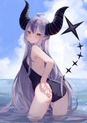 Rule 34 | 1girl, adjusting clothes, adjusting swimsuit, ahoge, breasts, corrupted twitter file, highres, hololive, horns, la+ darknesss, long hair, looking at viewer, looking back, motoi (croa76), multicolored hair, one-piece swimsuit, partially submerged, pointy ears, purple hair, small breasts, solo, streaked hair, swimsuit, virtual youtuber, yellow eyes