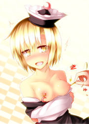 Rule 34 | 1girl, bad id, bad pixiv id, bare legs, bare shoulders, blonde hair, blush, breasts, brown hair, crescent, female focus, hat, kazetto, long sleeves, lunasa prismriver, nipple piercing, nipple pull, nipple stimulation, nipples, off shoulder, open mouth, piercing, solo, touhou, upper body, yellow eyes