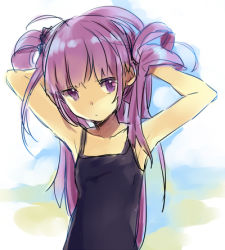 Rule 34 | 1girl, armpits, bad id, bad pixiv id, holding, holding own hair, lowres, maruishi, official alternate costume, one-piece swimsuit, purple eyes, purple hair, school swimsuit, solo, sophie (tales), swimsuit, tales of (series), tales of graces, twintails