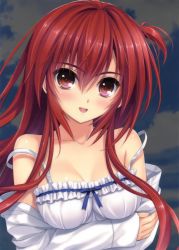 Rule 34 | 1girl, :d, absurdres, blush, bra, breasts, caramel-box, cleavage, highres, kamio ami, long hair, long sleeves, norita, off-shoulder shirt, one side up, open clothes, open mouth, open shirt, red eyes, red hair, semiramis no tenbin, shirt, smile, underwear, white bra