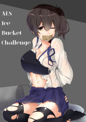 Rule 34 | 10s, 1girl, als ice bucket challenge, bad id, bad pixiv id, bdsm, bondage, bound, breasts, brown hair, bucket, cleavage, english text, gag, gagged, highres, improvised gag, japanese clothes, kaga (kancolle), kantai collection, large breasts, liukuai, long hair, panties, pantyshot, rokukatamari, short hair, side ponytail, skirt, solo, tape, tape gag, torn clothes, torn skirt, underwear, wet, wet clothes, wince