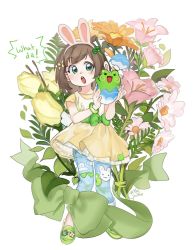 Rule 34 | 1girl, alien, alternate costume, animal ears, animal hair ornament, animal print, beige bow, blue legwear, blush, bow, brown hair, child, daisy, dress, easter egg, easter lily, egg, flower, freckles, frog, frog print, full body, girutea, green bow, green eyes, green footwear, green hair ornament, green ribbon, green wristband, hair bow, hair ornament, hairband, headband, heart, heart print, highres, indie virtual youtuber, leaves, lily hopkins, looking at viewer, open mouth, orange flower, pink flower, plant, rabbit ears, rabbit hair ornament, rabbit print, ribbon, simple background, teeth, tongue, tulip, upper teeth only, white flower, wristband, yellow dress, yellow flower