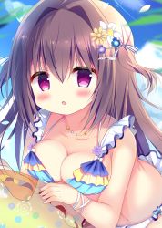 Rule 34 | 1girl, :o, absurdres, azumi kazuki, bare shoulders, bikini, blue bikini, blue flower, blue sky, blurry, blurry background, blush, breast press, breasts, brown hair, cleavage, cloud, collarbone, commentary request, day, depth of field, fang, fingernails, flower, hair between eyes, hair flower, hair intakes, hair ornament, hairclip, highres, innertube, leaning forward, long hair, looking at viewer, medium breasts, navel, original, outdoors, parted lips, petals, purple eyes, purple flower, sky, solo, swim ring, swimsuit, transparent, two side up, very long hair, white flower, yellow flower