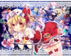 Rule 34 | 1girl, bent over, blonde hair, bloomers, blush, cake, checkerboard cookie, clock, cookie, dress, flandre scarlet, food, fork, garter straps, hat, heart, laevatein, looking at viewer, macaron, mob cap, puffy short sleeves, puffy sleeves, red dress, red eyes, riichu, roman numeral, sash, shirt, short sleeves, side ponytail, solo, spoon, thighhighs, tiered tray, touhou, underwear, white thighhighs, wings, wrist cuffs, zettai ryouiki