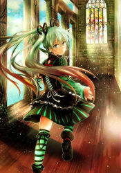 Rule 34 | 1girl, absurdres, bad id, bad pixiv id, corset, detached sleeves, dress, earrings, from behind, green hair, hair ribbon, hatsune miku, highres, jewelry, light particles, long hair, looking back, mikaharu, necklace, ribbon, solo, striped clothes, striped thighhighs, thighhighs, twintails, very long hair, vocaloid