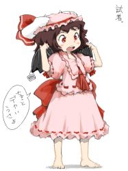 Rule 34 | 1girl, animal ears, ascot, barefoot, bat wings, blush stickers, bow, brown hair, child, cosplay, feet, female focus, full body, hat, hat bow, inaba tewi, ohyo, open mouth, price tag, rabbit ears, red eyes, remilia scarlet, remilia scarlet (cosplay), ribbon, shirt, simple background, skirt, skirt set, solo, standing, touhou, translated, white background, wings