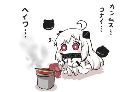 Rule 34 | 10s, 1girl, abyssal ship, blush stickers, chibi, commentary request, cooking, fish, goma (gomasamune), grill, grilling, hand fan, kantai collection, musical note, northern ocean princess, quaver, red eyes, saury, shichirin, sitting, sketch, solo, spoken musical note, translation request, white hair