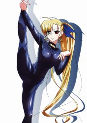 Rule 34 | 10s, 1girl, adapted costume, barefoot, blonde hair, bodysuit, breasts, covered erect nipples, covered navel, heterochromia, highres, leg lift, long hair, looking at viewer, lyrical nanoha, mahou shoujo lyrical nanoha vivid, medium breasts, aged up, side ponytail, simple background, skin tight, smile, solo, split, standing, standing on one leg, tappa (esperanza), vivio