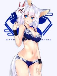 Rule 34 | 1girl, animal ears, arm up, azur lane, blue bra, blue eyes, blue panties, blush, bra, breasts, cleavage, commentary request, eyeliner, eyeshadow, fox ears, fox mask, fox tail, gluteal fold, hand on own thigh, hand on thigh, kaga (azur lane), large breasts, lingerie, looking at viewer, makeup, mask, mask on head, navel, panties, parted lips, shirokitsune, solo, standing, tail, underwear, underwear only, white hair, wristband