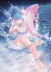 Rule 34 | 1girl, anklet, armpits, atdan, bare arms, bare shoulders, barefoot, blue eyes, blue hair, breasts, dress, feet, fish, haiyi, halter dress, halterneck, hand up, hat, highres, jellyfish, jewelry, large breasts, long hair, looking at viewer, one eye closed, revision, short dress, sleeveless, sleeveless dress, smile, solo, synthesizer v, thighs, v, water, white dress