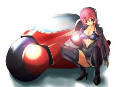 Rule 34 | 1girl, bad id, bad pixiv id, blush, bra, breasts, cameltoe, full body, headphones, helmet, high heels, highres, large breasts, long hair, motor vehicle, motorcycle, motorcycle helmet, nitroplus, ono kono to, open clothes, pink hair, red eyes, solo, super sonico, transparent background, underwear, vehicle