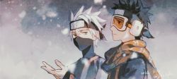 Rule 34 | 2boys, black hair, closed mouth, daylight919, forehead protector, goggles, hatake kakashi, highres, jacket, konohagakure symbol, looking at another, male focus, mask, mouth mask, multiple boys, naruto (series), naruto shippuuden, orange scarf, plaid, plaid scarf, scarf, short hair, snow, snowing, symbol-only commentary, uchiha obito, upper body, white hair, aged down